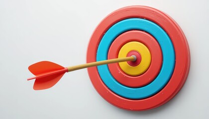 Arrow hitting the bullseye of a colorful target with red blue and yellow rings on a white background