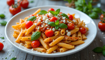 Penne with Tomato Sauce, Feta Cheese, and Basil