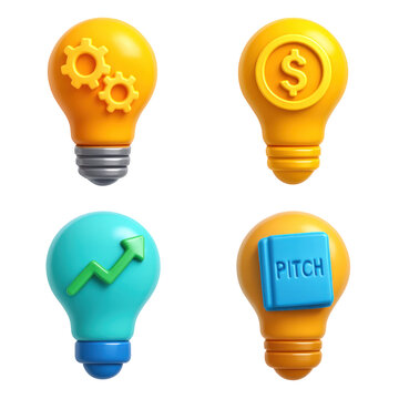 3D Plastic Icon Style of Lightbulbs Representing Ideas Gears Money and Pitch Book on a Transparent Background