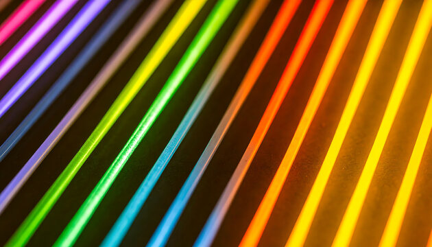 Abstract close-up of vibrant, colorful parallel lines radiating light against a dark background.