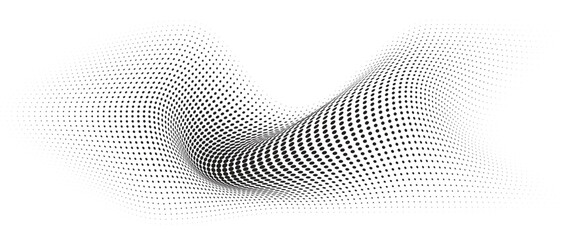 Flowing Wave Dot Halftone Pattern: Curve Gradient Shape on Transparent Background. Suitable for AI, Tech, Network, Digital, Science, and Technology Themes.