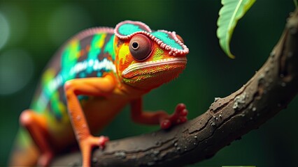 A vibrant chameleon with intricate patterns perches attentively on a weathered branch, eye focused.