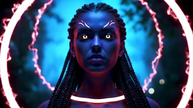 Striking Blue Skinned Woman with Braids Glowing Eyes and Neon Circle Backlight
