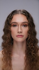 Fototapeta premium Striking portrait of a woman showcasing natural beauty with styled curly hair against soft backdrop.