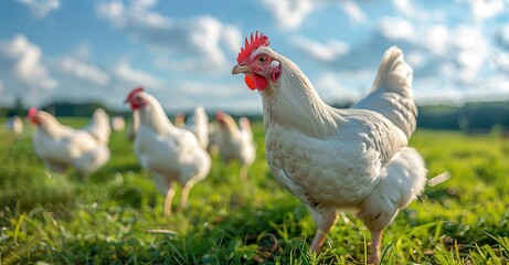 Fototapeta premium A group of chickens roaming freely on the green grass, used for promotional materials and backgrounds of farms, organic food stores or related brands.