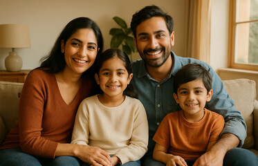 Family sitting together on a couch, smiling, cozy home