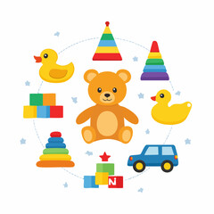 Obraz premium A colorful illustration of various children's toys arranged in a circular pattern, including a teddy bear.