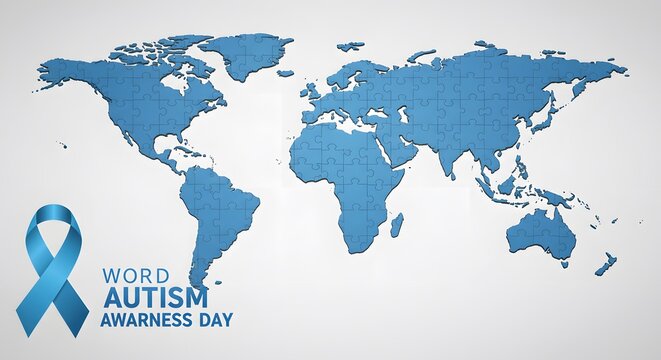 World Autism Awareness Day: Global map with blue ribbon.