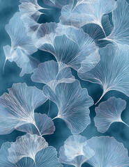 Translucent Ginkgo Leaves on Blue Background: A Whimsical Minimalist Botanical Print with Sophisticated Vintage Style and Eco-Friendly Design