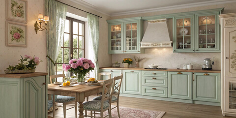 French country kitchen with antique cabinets, pastel tones, and fresh flowers by the window, HD farmhouse scene
