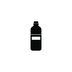 Black silhouette of a plastic bottle with a label isolated on white background