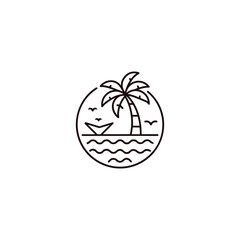 Tropical island scene with palm tree and boat isolated on a white background