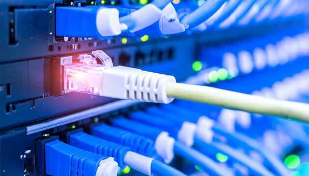 A close-up of a network switch with multiple blue Ethernet cables connected, some with glowing pink and green lights indicating data activity. - Powered by Adobe