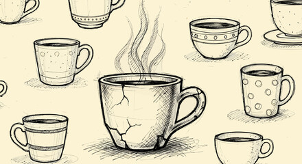 Obraz premium Hand drawn coffee beans and cup sketch on warm beige with steaming mugs in vintage retro cafe style, coffee beans art sketch black vector illustration