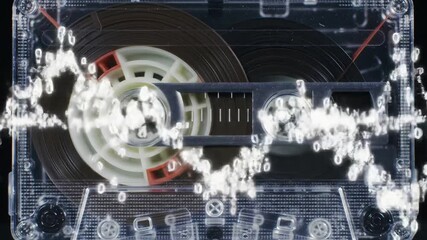 Nostalgic audio cassette tape with binary code overlay for retro technology concept - Powered by Adobe