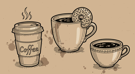 Obraz premium Hand drawn coffee beans with mugs, cups and cookies in coffee beans art sketch black vector cafe composition set