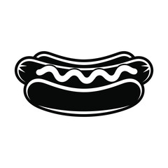 Simple black and white icon of a hot dog with mustard