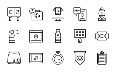 Football linear icon set. Sports, soccer ball, goal, referee, player, stadium, whistle, jersey, tactics, cup, scoreboard, fan, training, sports gear, match vector icon set. UI thin line icon pack
