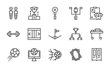 Football linear icon set. Sports, soccer ball, goal, referee, player, stadium, whistle, jersey, tactics, cup, scoreboard, fan, training, sports gear, match vector icon set. UI thin line icon pack