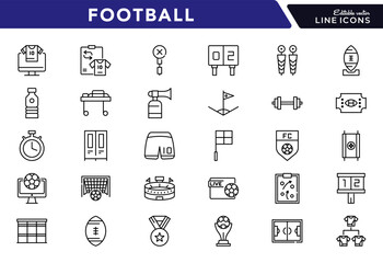 Football linear icon set. Sports, soccer ball, goal, referee, player, stadium, whistle, jersey, tactics, cup, scoreboard, fan, training, sports gear, match vector icon set. UI thin line icon pack