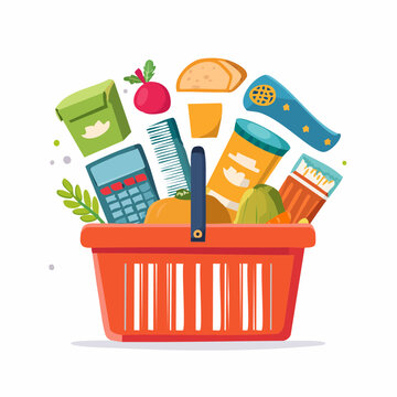 A vibrant illustration of a shopping basket overflowing with various grocery items and essentials.