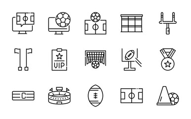 Fototapeta premium Football linear icon set. Sports, soccer ball, goal, referee, player, stadium, whistle, jersey, tactics, cup, scoreboard, fan, training, sports gear, match vector icon set. UI thin line icon pack