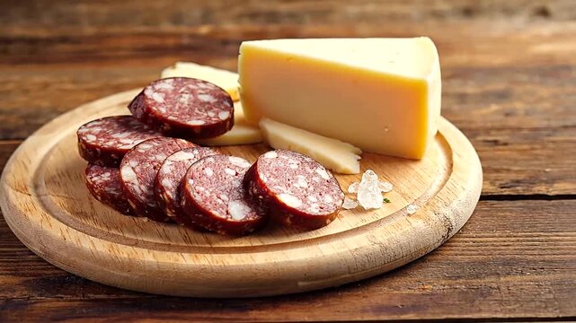 A rustic wooden board featuring sliced salami and cheese, with a cozy kitchen background