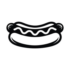 Simple black and white outline illustration of a hot dog with mustard