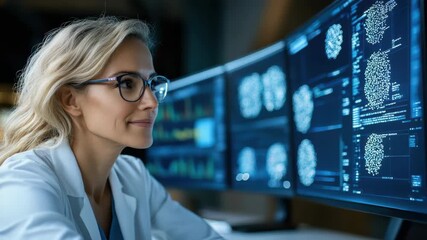 Innovative scientist conducts data analysis using advanced technology across multiple screens - Powered by Adobe