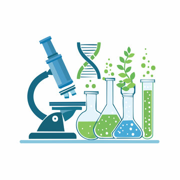 A stylized illustration of scientific equipment, DNA, and plants, suggesting biotechnology research.