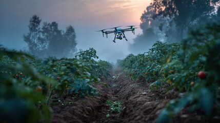 Aerial View of Lush Green Tomato Fields with Vibrant Red Fruit Under Bright Blue Sky Capturing Nature's Bounty