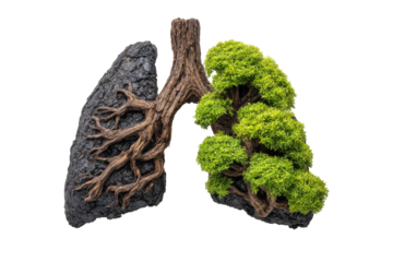 Lungs, one dark and one vibrant green, symbolize the impact of environmental issues on respiratory health.  Dark lung roots intertwined with nature's life.  Healthy lung full of greenery