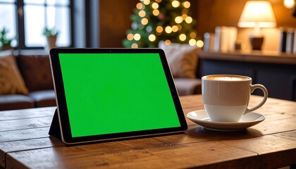 Tablet with coffee on wooden table
