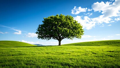 Fototapeta premium Lush green tree on rolling hills under a vibrant blue sky