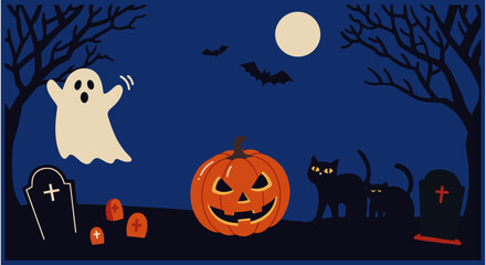 ポップでシンプルなハロウィンイラストセット、Halloweenのイラスト背景、ベクターセット	