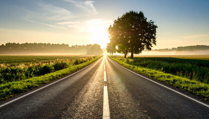 Obraz premium Open Road at Sunset: A scenic asphalt road stretches endlessly towards the horizon, bathed in the golden light of sunset, and framed by lush green fields.