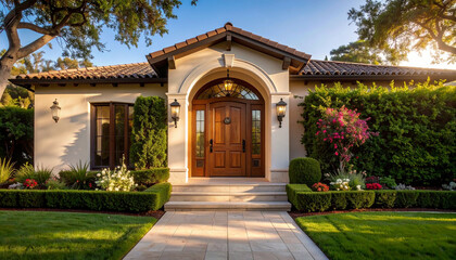 Luxurious Home Entrance: A captivating exterior showcases a high-end home with inviting curb appeal, featuring a grand entrance, manicured landscaping.