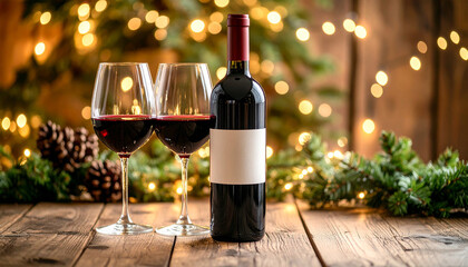 Festive toast: Wine glasses and bottle of red wine on a table for a holiday gathering, capturing the essence of cheer and relaxation.