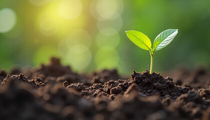 Green plant sprouting in rich dark soil
