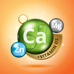 bubbles, calcium minerals, zinc vitamins, magnesium, vitamin D3 with ribbon for packaging and label 