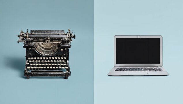 Vintage typewriter and modern laptop on a light blue background