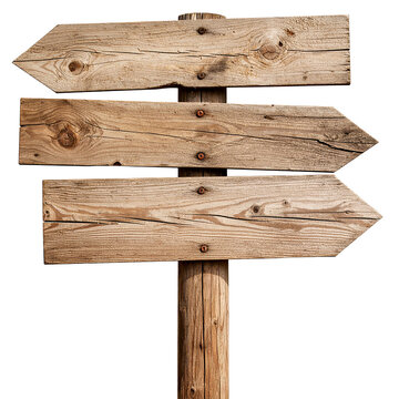 Naklejki Directional Signpost: A weathered, wooden signpost featuring three arrows, points in different directions, offering a clear illustration of choice and guidance.