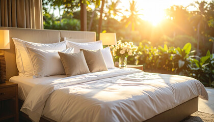 Luxury Bedroom Retreat: A sun-drenched bedroom, bathed in warm light, showcasing a meticulously made bed with plush pillows and crisp white linens.