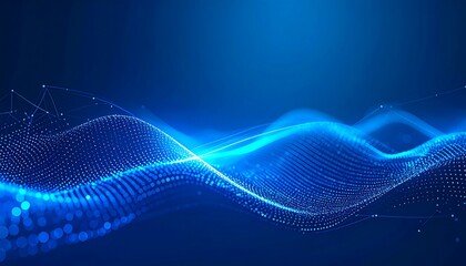 Abstract blue background with flowing particle waves and glowing network connections.