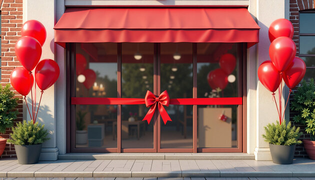 Storefront with red balloon decoration and ribbon
 - Powered by Adobe