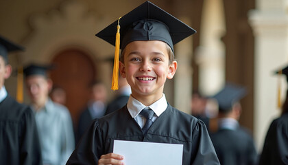 Smiling boy in graduation cap holding diploma indoors

