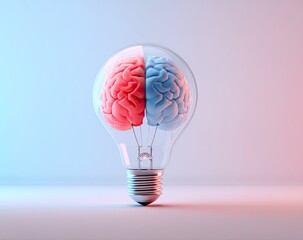 A 3D model of a lightbulb containing a brain, split in two halves of different colors