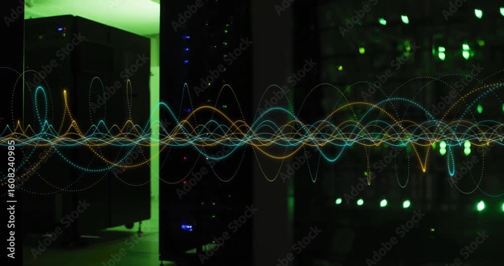 Poster on startup multicolored waveform overlay appearing across server rack corridor showing data flow