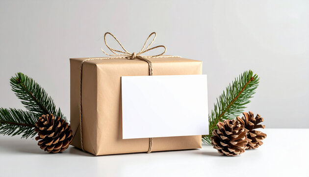 Wrapped Gift with Pine Decorations: A neatly wrapped gift, adorned with pinecones and sprigs, sits ready, adding a touch of natural charm and anticipation to the season. 