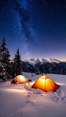 Snowy night camp under starry sky